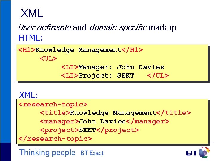 XML User definable and domain specific markup HTML: <H 1>Knowledge Management</H 1> <UL> <LI>Manager: