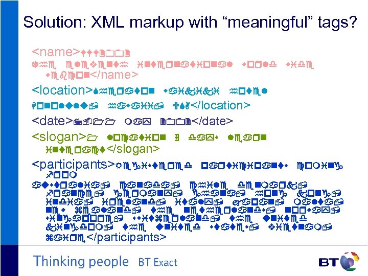 Solution: XML markup with “meaningful” tags? <name>WWW 2002 The eleventh international webcon</name> <location>Sheraton Honolulu,