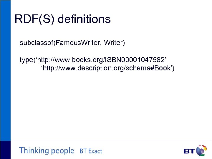 RDF(S) definitions subclassof(Famous. Writer, Writer) type(‘http: //www. books. org/ISBN 00001047582’, ‘http: //www. description. org/schema#Book’)