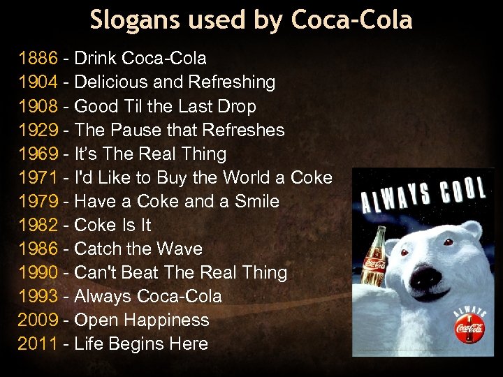 Slogans used by Coca-Cola 1886 - Drink Coca-Cola 1904 - Delicious and Refreshing 1908