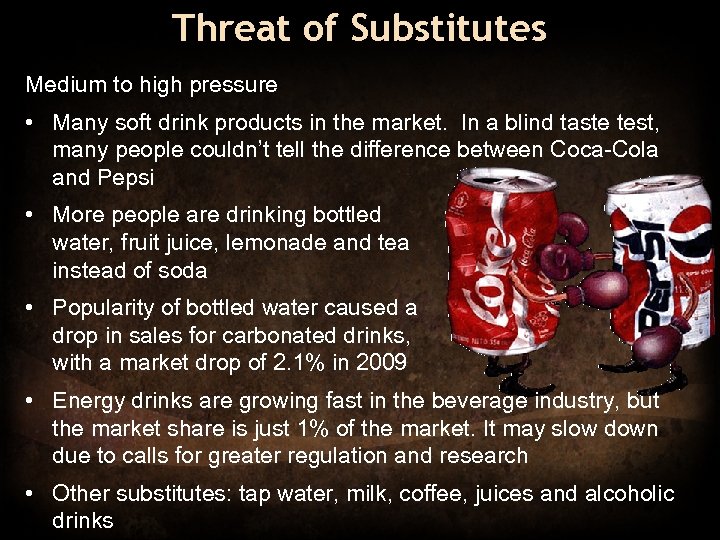 Threat of Substitutes Medium to high pressure • Many soft drink products in the