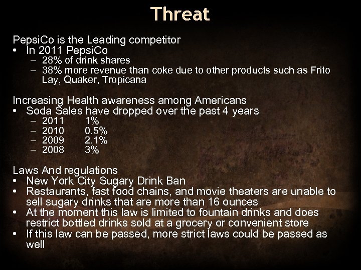 Threat Pepsi. Co is the Leading competitor • In 2011 Pepsi. Co – 28%