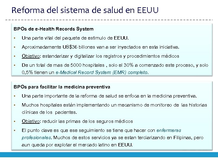 Reforma del sistema de salud en EEUU BPOs de e-Health Records System • Una