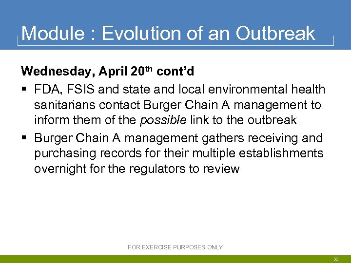 Module : Evolution of an Outbreak Wednesday, April 20 th cont’d § FDA, FSIS