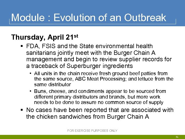 Module : Evolution of an Outbreak Thursday, April 21 st § FDA, FSIS and