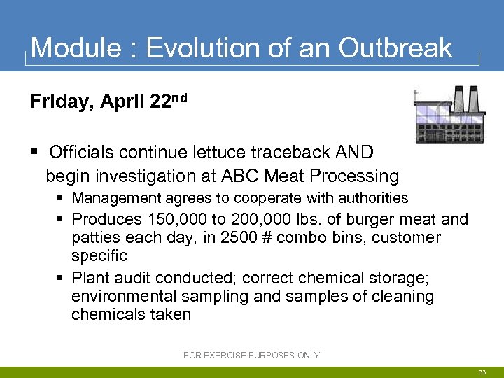 Module : Evolution of an Outbreak Friday, April 22 nd § Officials continue lettuce