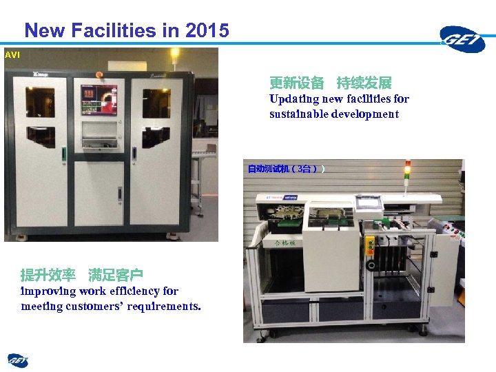 New Facilities in 2015 AVI 更新设备 持续发展 Updating new facilities for sustainable development 自动测试机（3台））