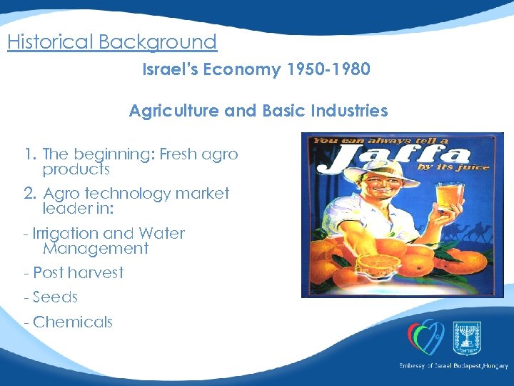 Historical Background Israel’s Economy 1950 -1980 Agriculture and Basic Industries 1. The beginning: Fresh