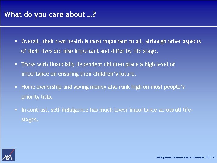 What do you care about …? § Overall, their own health is most important