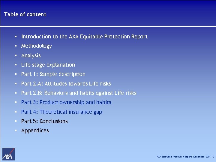 Table of content § Introduction to the AXA Equitable Protection Report § Methodology §
