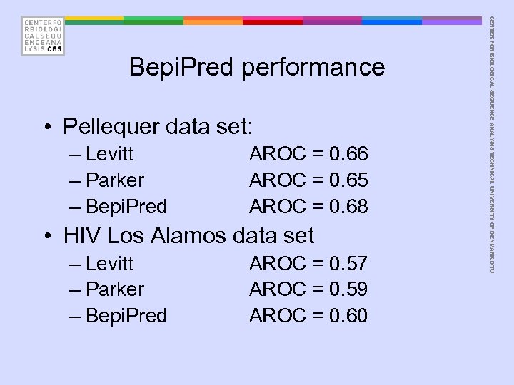  • Pellequer data set: – Levitt – Parker – Bepi. Pred AROC =