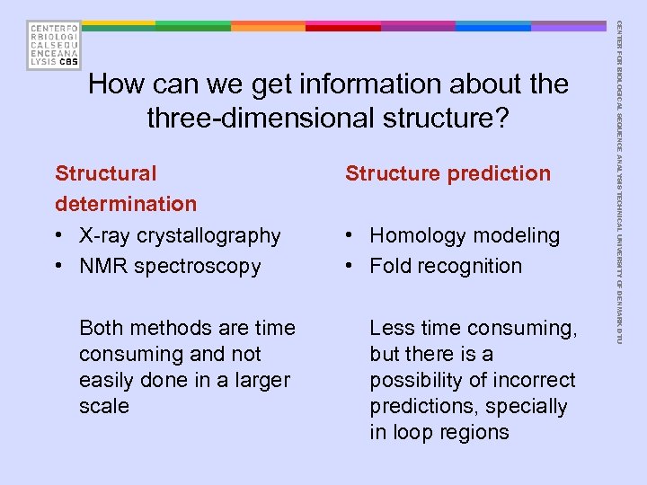 Structural determination • X-ray crystallography • NMR spectroscopy Both methods are time consuming and