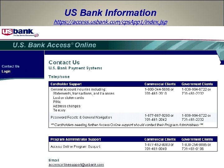 US Bank Information https: //access. usbank. com/cps. App 1/index. jsp 