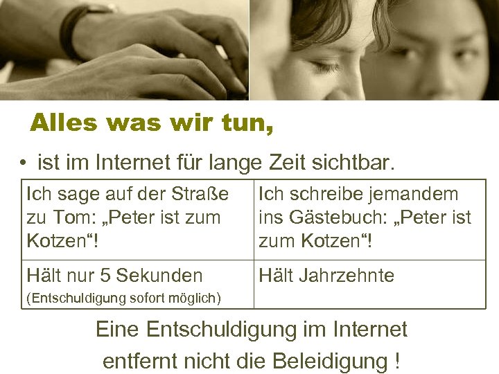 Alles was wir tun, • ist im Internet für lange Zeit sichtbar. Ich sage