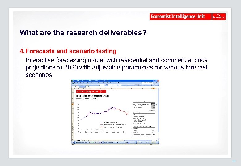 What are the research deliverables? 4. Forecasts and scenario testing Interactive forecasting model with