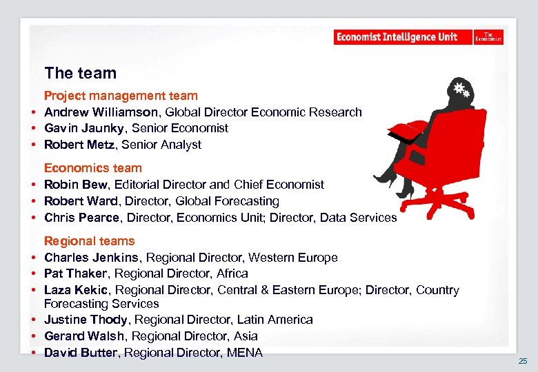 The team Project management team • Andrew Williamson, Global Director Economic Research • Gavin