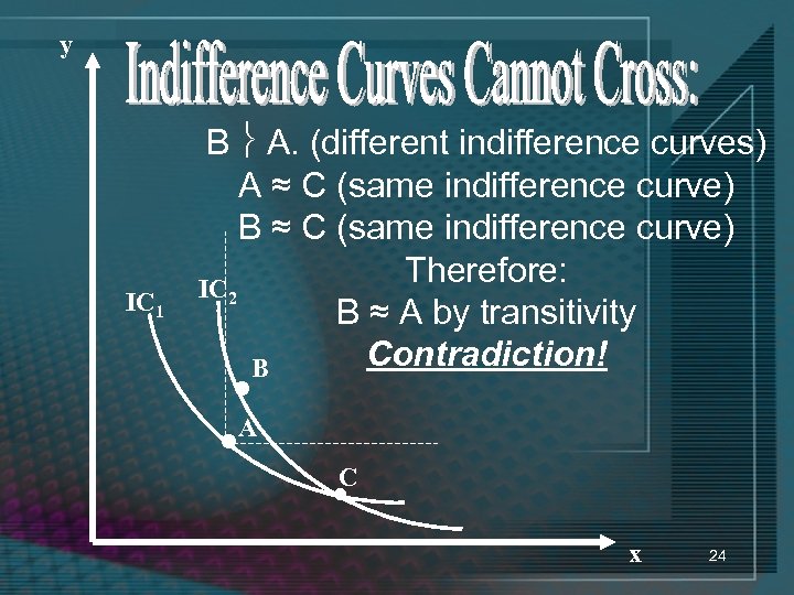y IC 1 B A. (different indifference curves) A ≈ C (same indifference curve)