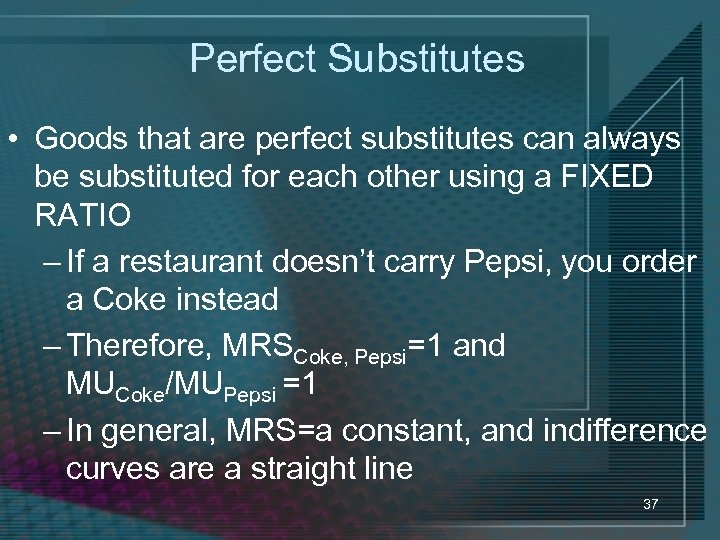 Perfect Substitutes • Goods that are perfect substitutes can always be substituted for each