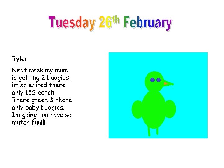 Tyler Next week my mum is getting 2 budgies. im so exited there only