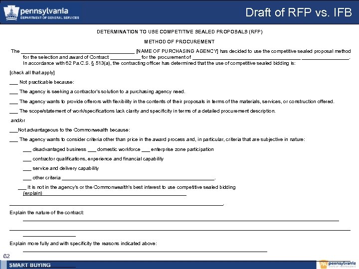 Draft of RFP vs. IFB DETERMINATION TO USE COMPETITIVE SEALED PROPOSALS (RFP) METHOD OF