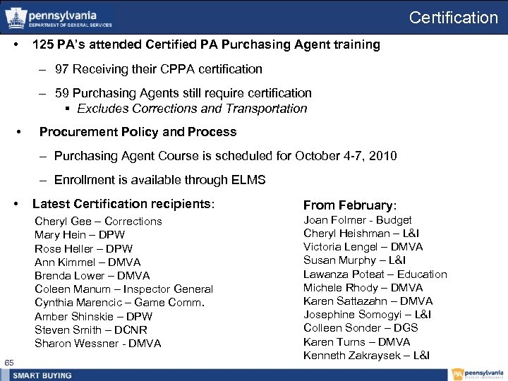 Certification • 125 PA’s attended Certified PA Purchasing Agent training – 97 Receiving their