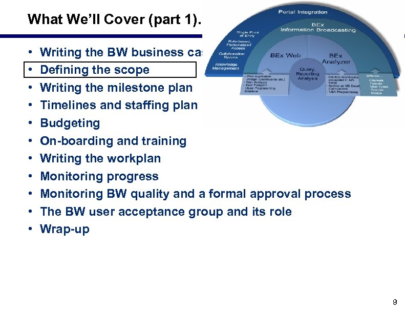 What We’ll Cover (part 1)… • • • Writing the BW business case Defining