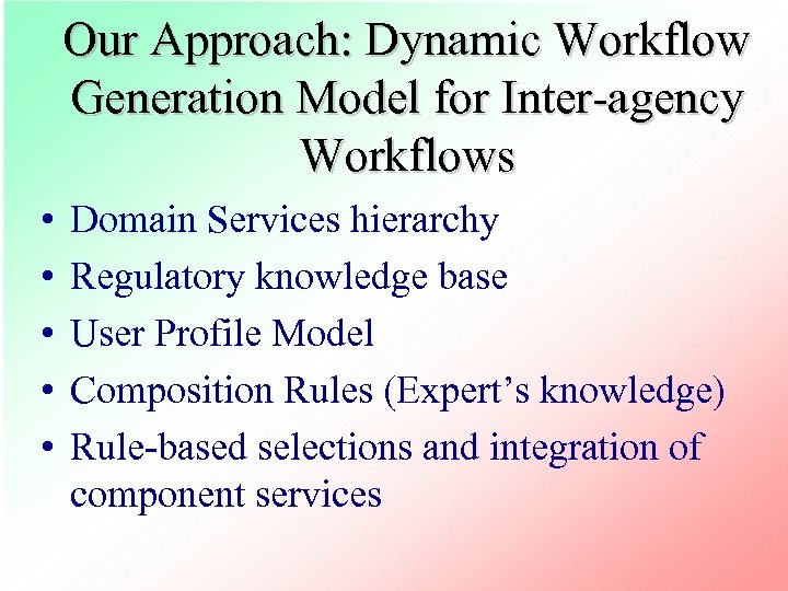 Our Approach: Dynamic Workflow Generation Model for Inter-agency Workflows • • • Domain Services