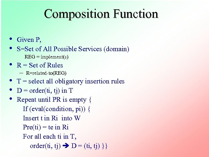 Composition Function • • • Given P, S=Set of All Possible Services (domain) REG