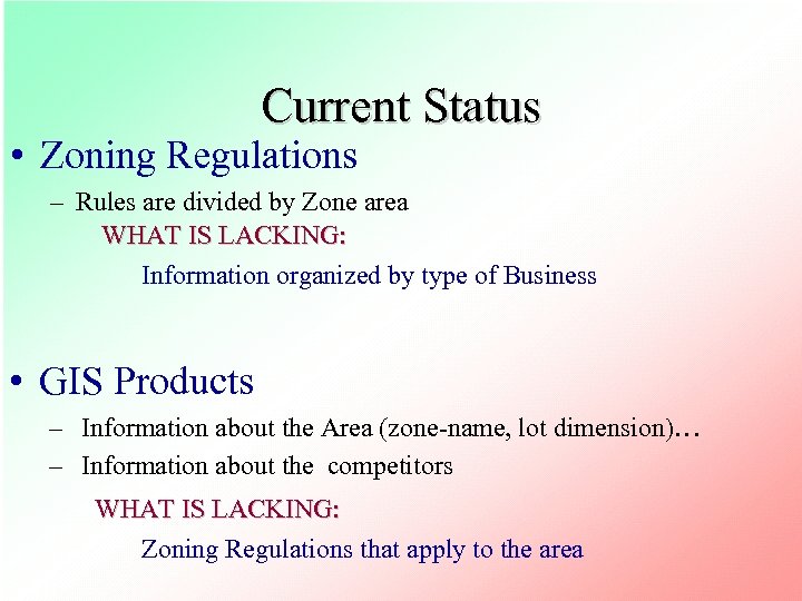 Current Status • Zoning Regulations – Rules are divided by Zone area WHAT IS