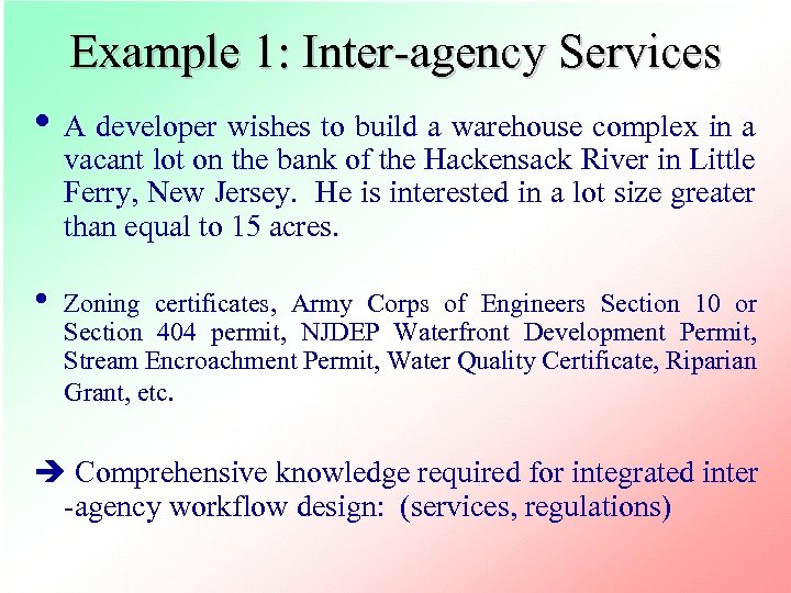 Example 1: Inter-agency Services • A developer wishes to build a warehouse complex in