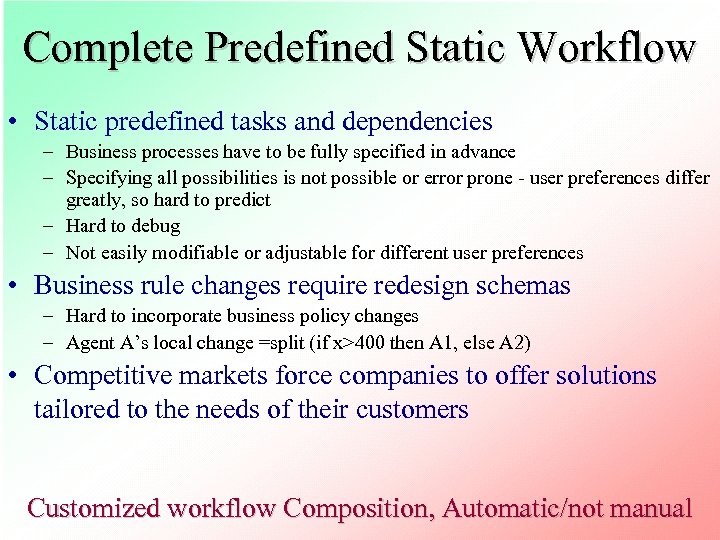 Complete Predefined Static Workflow • Static predefined tasks and dependencies – Business processes have