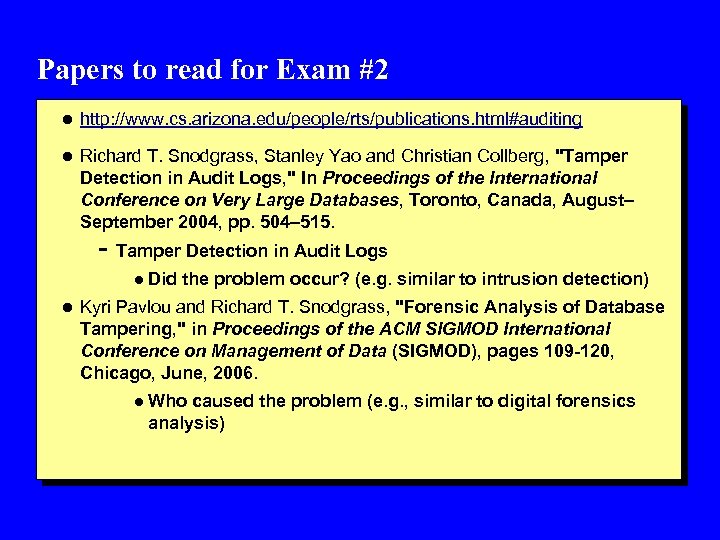 Papers to read for Exam #2 l http: //www. cs. arizona. edu/people/rts/publications. html#auditing l