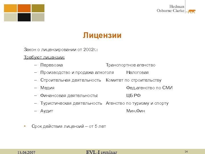 Лицензии Закон о лицензировании от 2002 г. : Требуют лицензии: – Перевозка Транспортное агенство