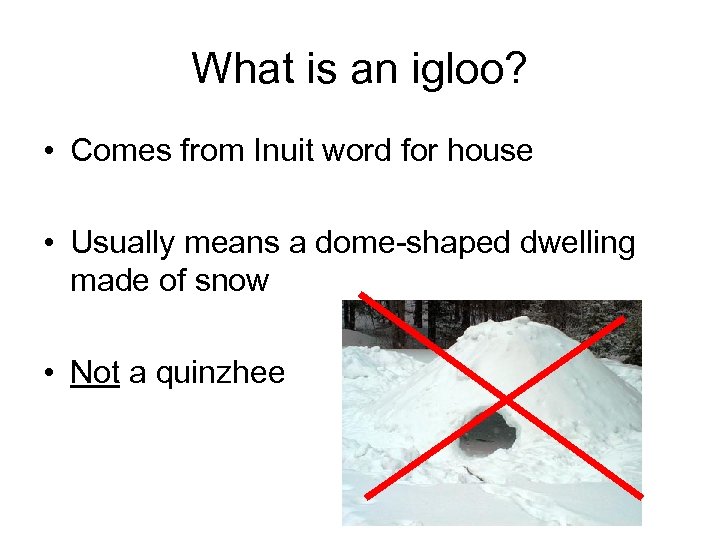 What is an igloo? • Comes from Inuit word for house • Usually means