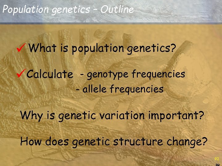 Population genetics – Outline ü What is population genetics? üCalculate - genotype frequencies -