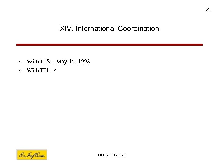 24 XIV. International Coordination • With U. S. : May 15, 1998 • With