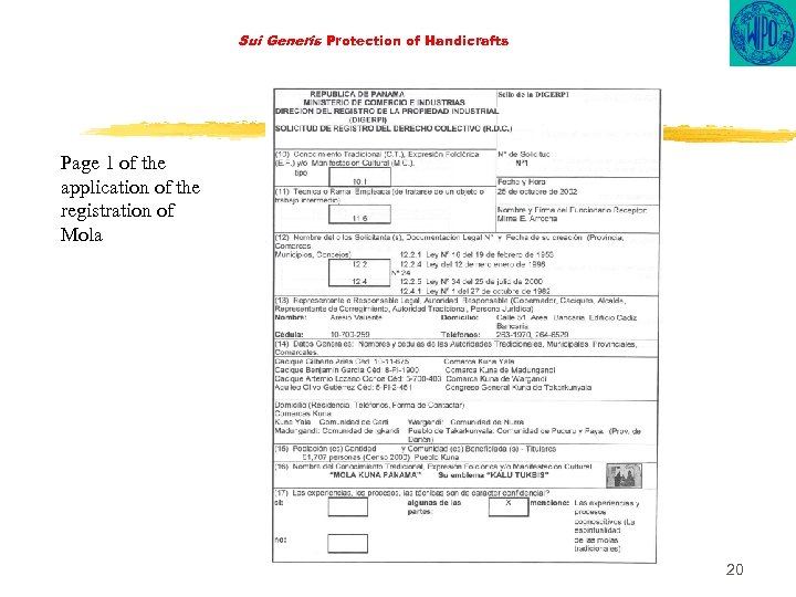 Sui Generis Protection of Handicrafts Page 1 of the application of the registration of