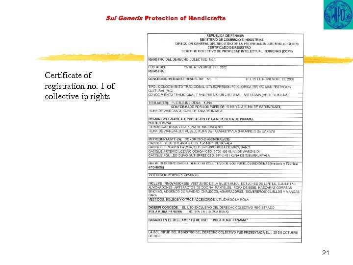 Sui Generis Protection of Handicrafts Certificate of registration no. 1 of collective ip rights