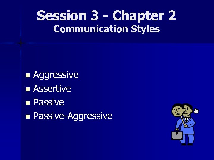 Session 3 - Chapter 2 Communication Styles Aggressive n Assertive n Passive-Aggressive n 