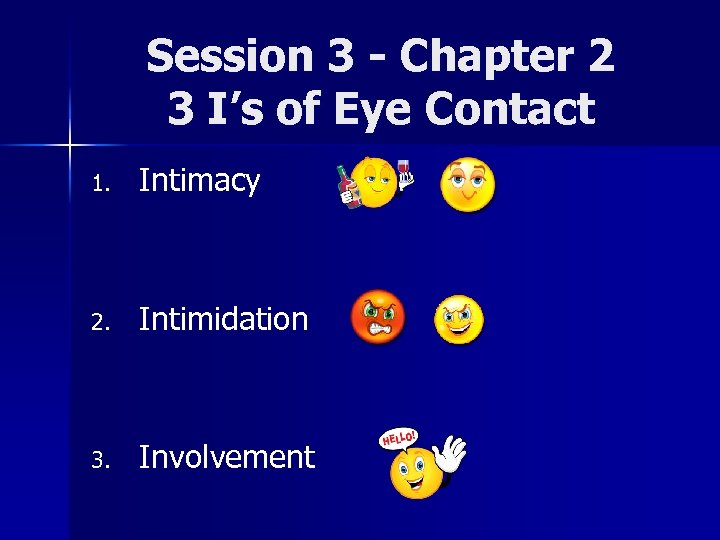 Session 3 - Chapter 2 3 I’s of Eye Contact 1. Intimacy 2. Intimidation