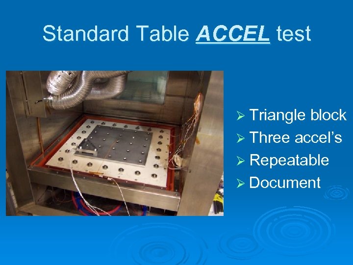 Standard Table ACCEL test Ø Triangle block Ø Three accel’s Ø Repeatable Ø Document