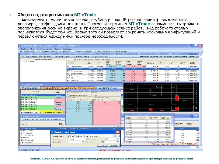  • Общий вид открытых окон BIT e. Trade Активированы окна: новая заявка, глубина