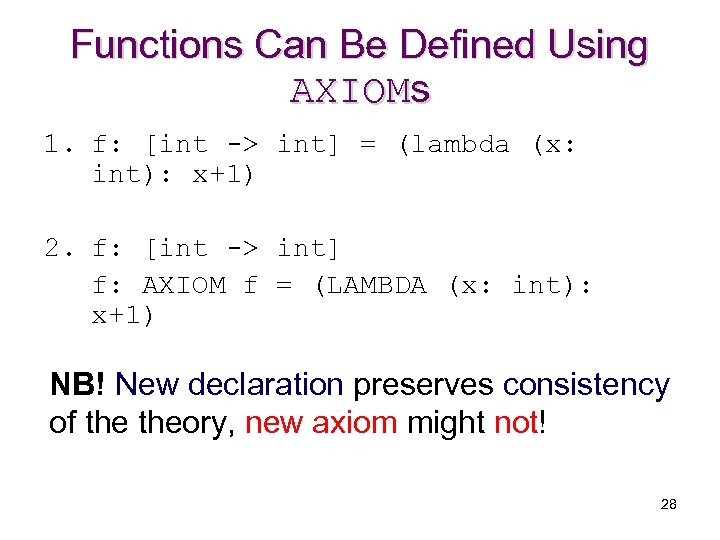 Functions Can Be Defined Using AXIOMs 1. f: [int -> int] = (lambda (x: