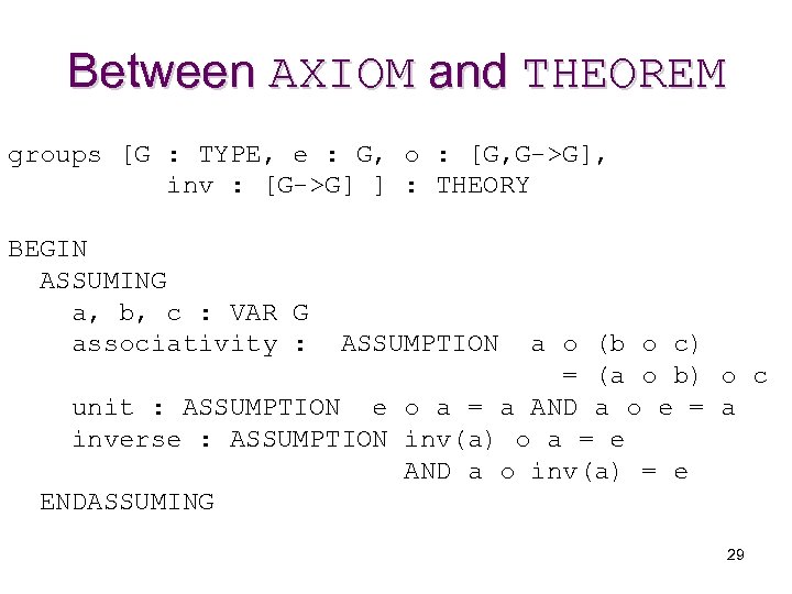 Between AXIOM and THEOREM groups [G : TYPE, e : G, o : [G,
