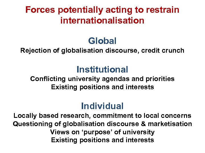 Forces potentially acting to restrain internationalisation Global Rejection of globalisation discourse, credit crunch Institutional