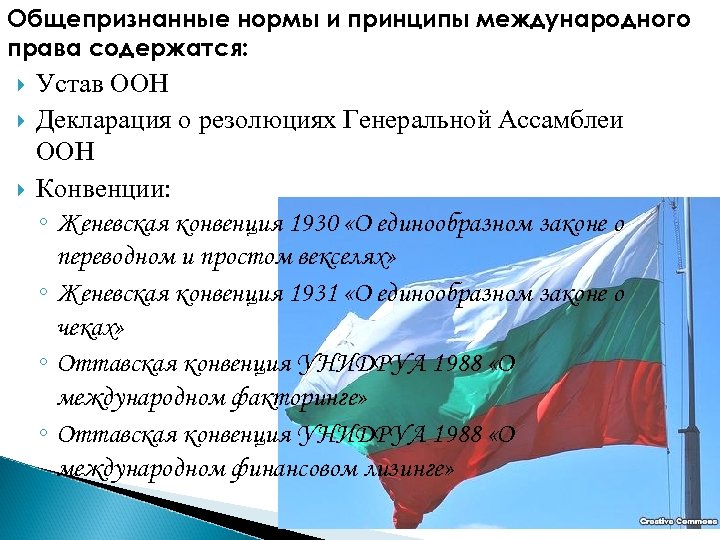 Общепризнанные нормы и принципы международного права содержатся: Устав ООН Декларация о резолюциях Генеральной Ассамблеи