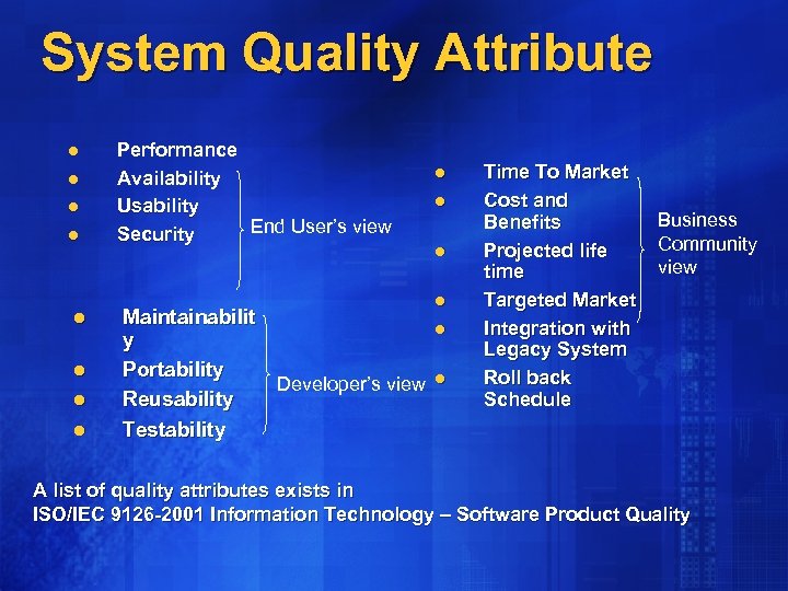 System Quality Attribute l l l l Performance Availability Usability End User’s view Security