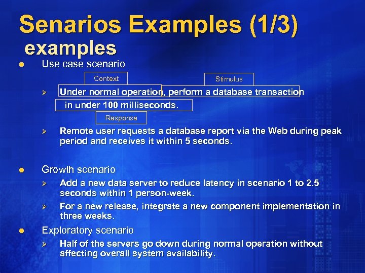 Senarios Examples (1/3) examples l Use case scenario Context Ø Stimulus Under normal operation,