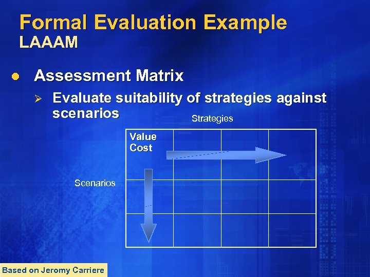 Formal Evaluation Example LAAAM l Assessment Matrix Ø Evaluate suitability of strategies against scenarios