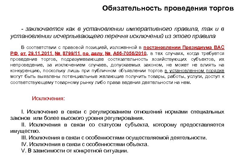 Обязательность проведения торгов - заключается как в установлении императивного правила, так и в установлении